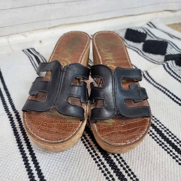 SAM EDELMAN REGIS BLACK LEATHER PLATFORM WEDGE SANDALS, SZ 9.5 - Picture 4 of 12